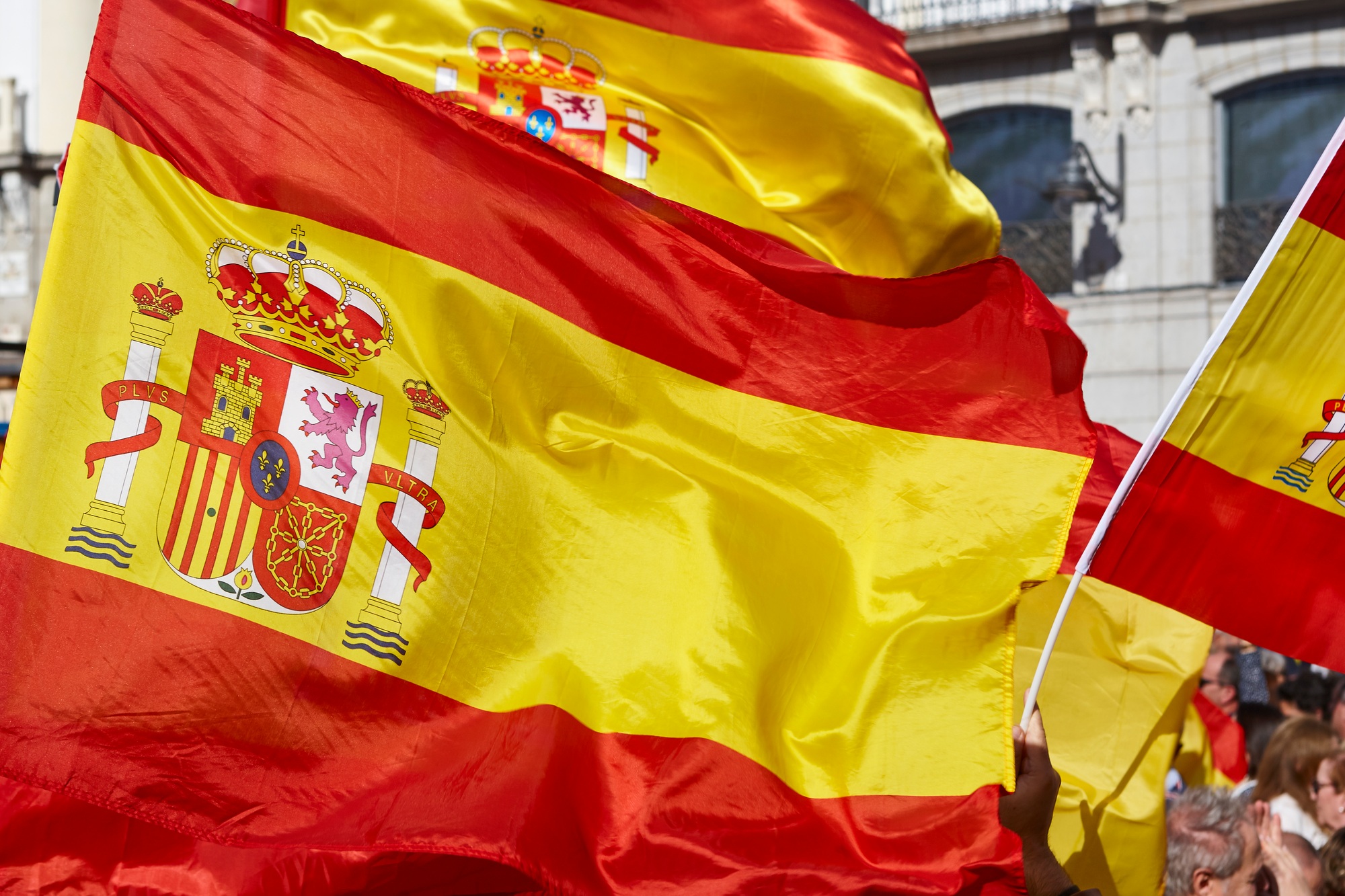 Spanish flags and coat of arms. Nation symbol. Spain