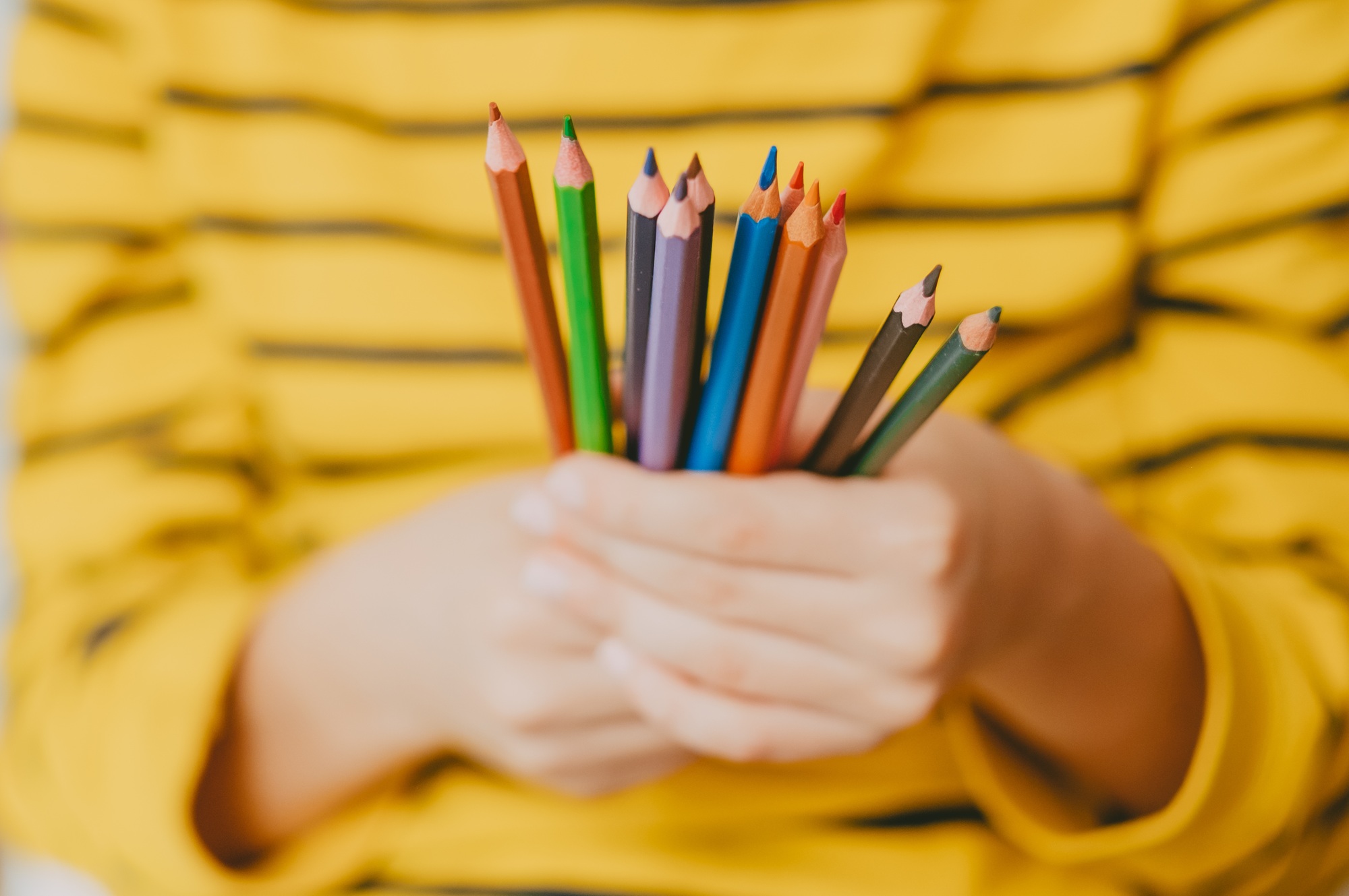 colored pencils in the hands of a little boy. bright photo with pencils for drawing