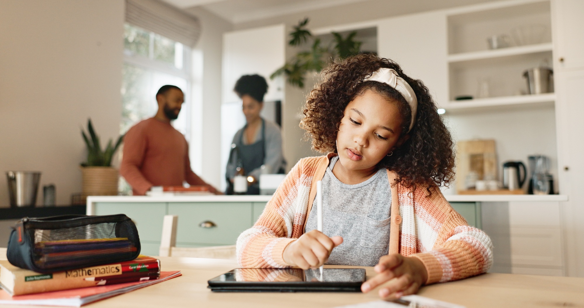 Girl kid, house and drawing on tablet for homeschool, learning and growth or development of motor s
