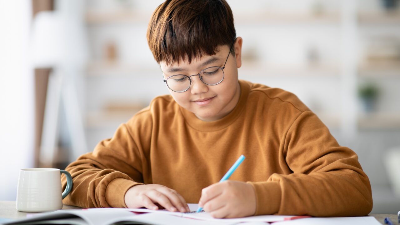 Positive asian schooler doing homework, writing at notebook