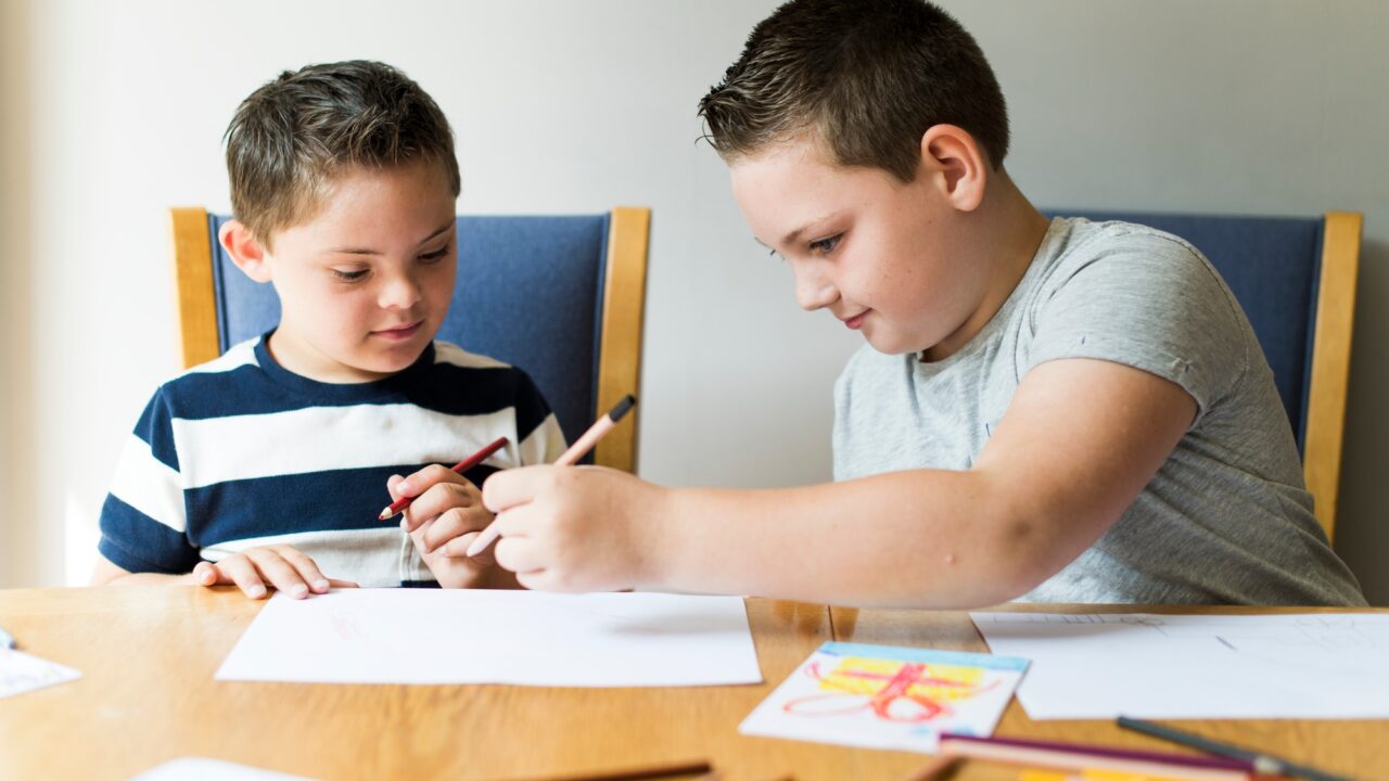Cute brothers drawing at a table