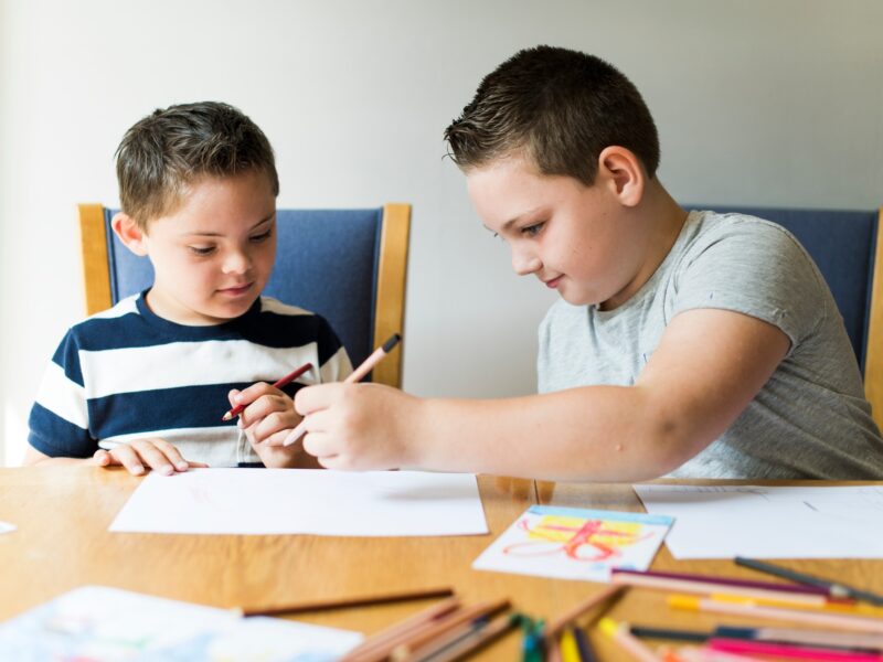 Cute brothers drawing at a table