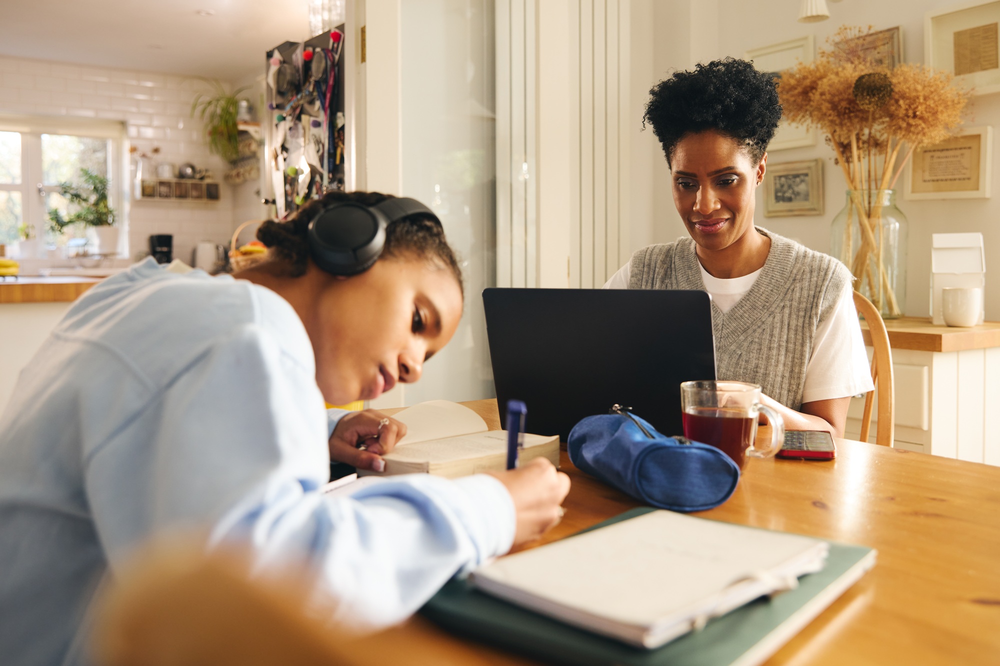 Daughter doing homework, mother working on laptop