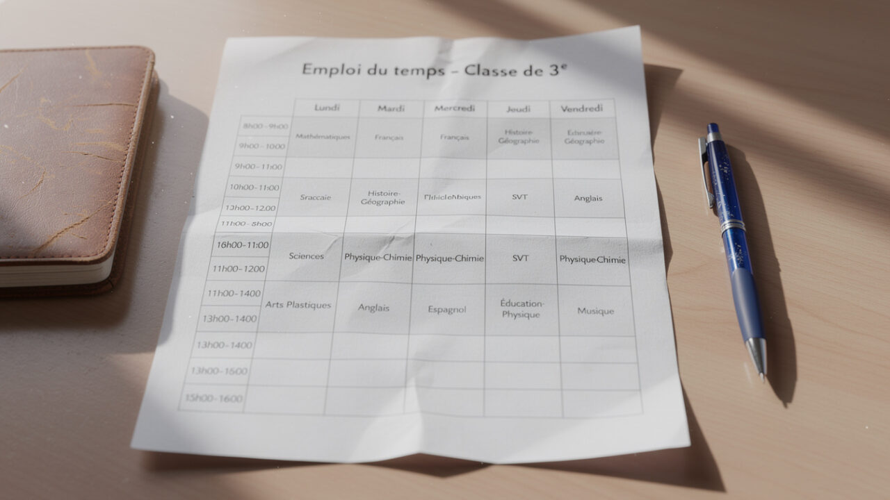 découvrez un exemple pratique d'emploi du temps pour les élèves de 3e et apprenez à mieux organiser votre semaine scolaire efficacement.