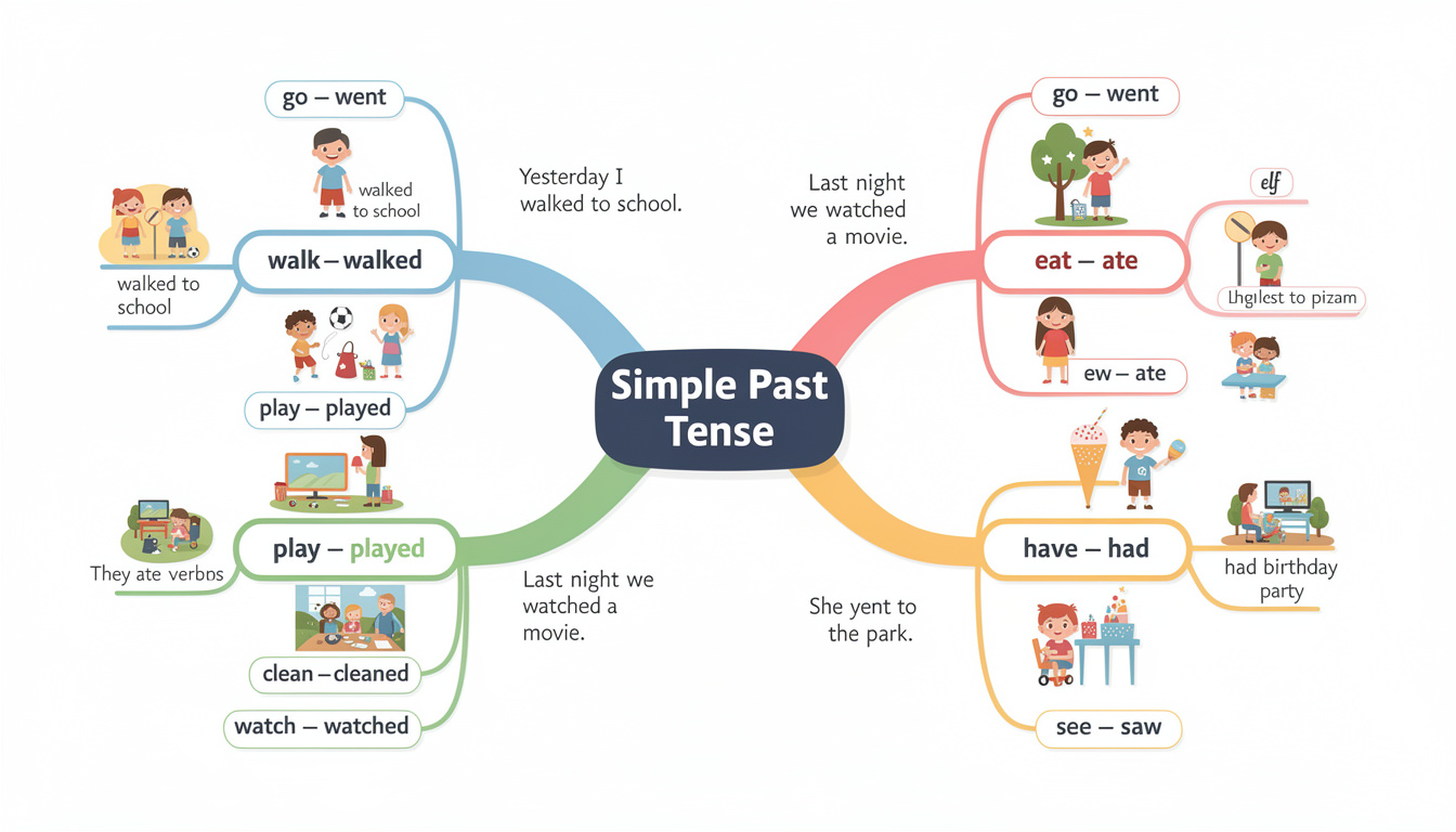découvrez un guide pratique illustré pour maîtriser la carte mentale du prétérit en anglais, spécialement conçu pour les débutants souhaitant apprendre facilement et efficacement.