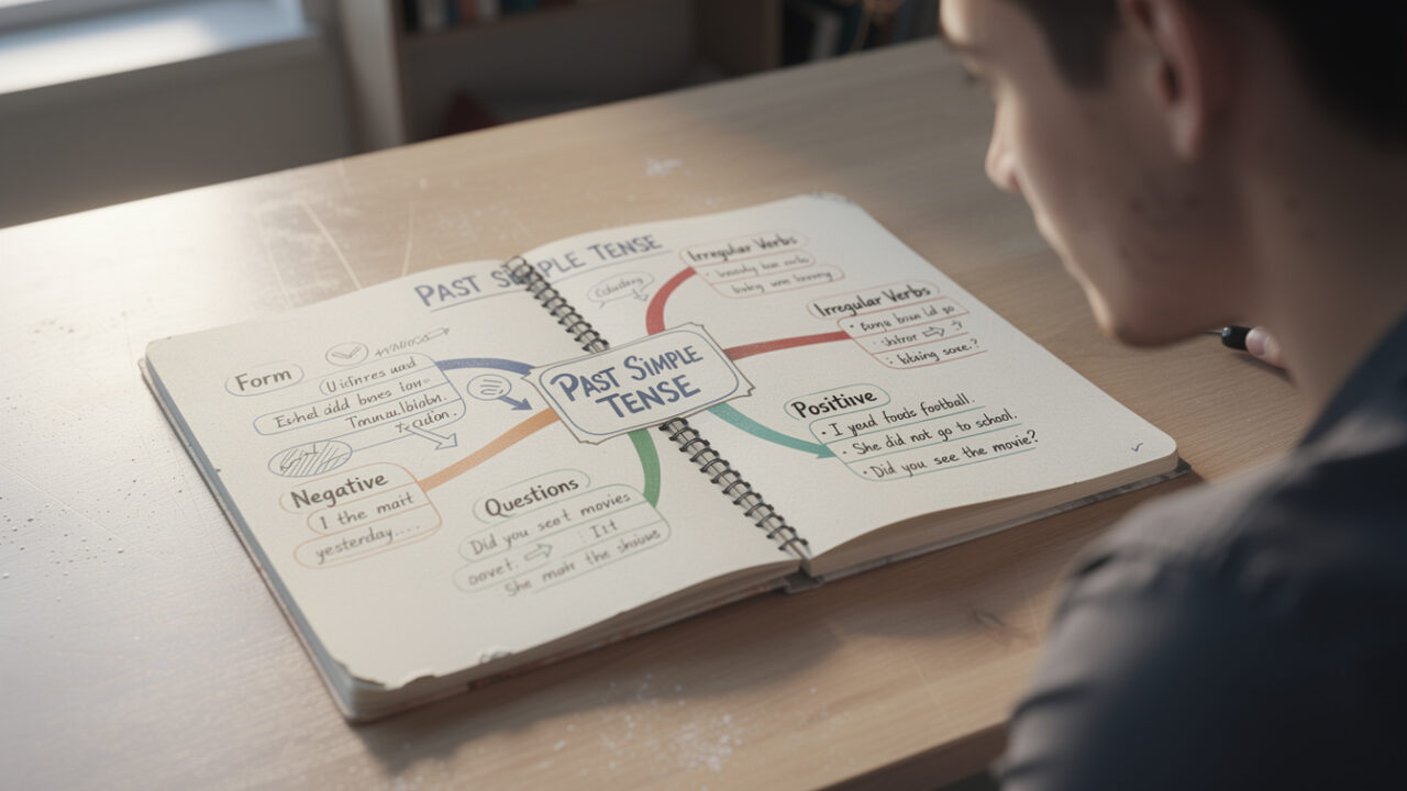 découvrez notre guide pratique illustré par une carte mentale pour maîtriser le prétérit en anglais, spécialement conçu pour les débutants.