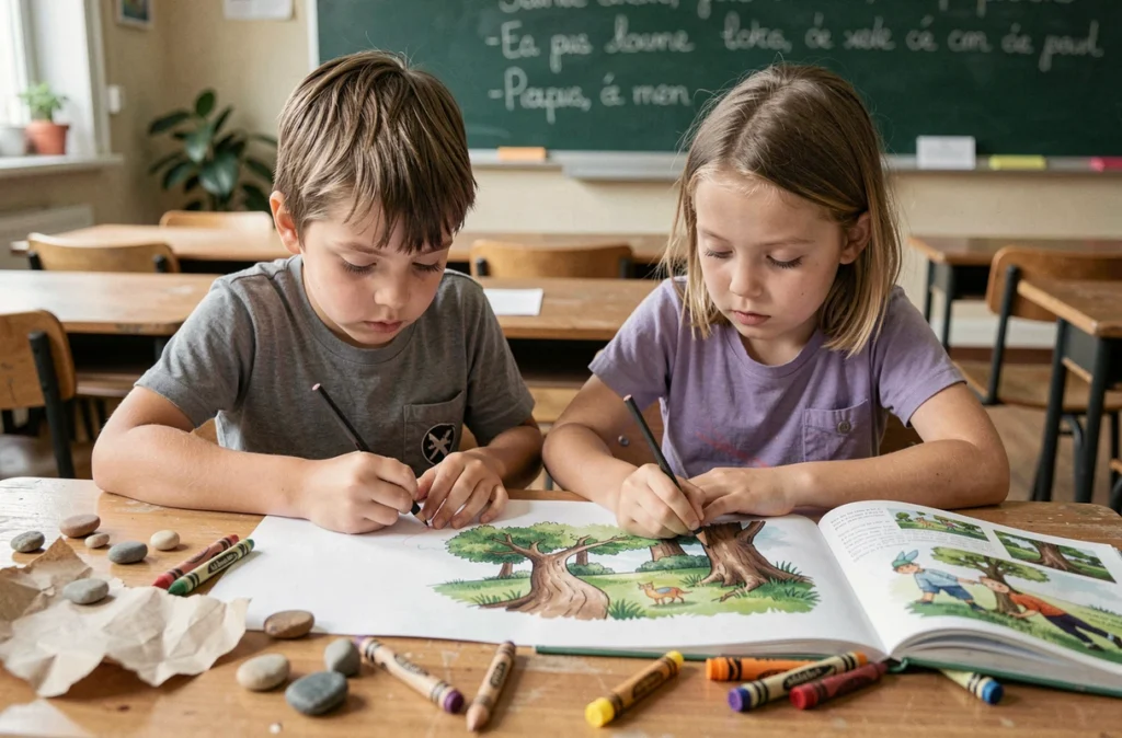 Deux élèves de primaire réalisant un atelier créatif autour du conte du Petit Poucet avec des cailloux et dessins