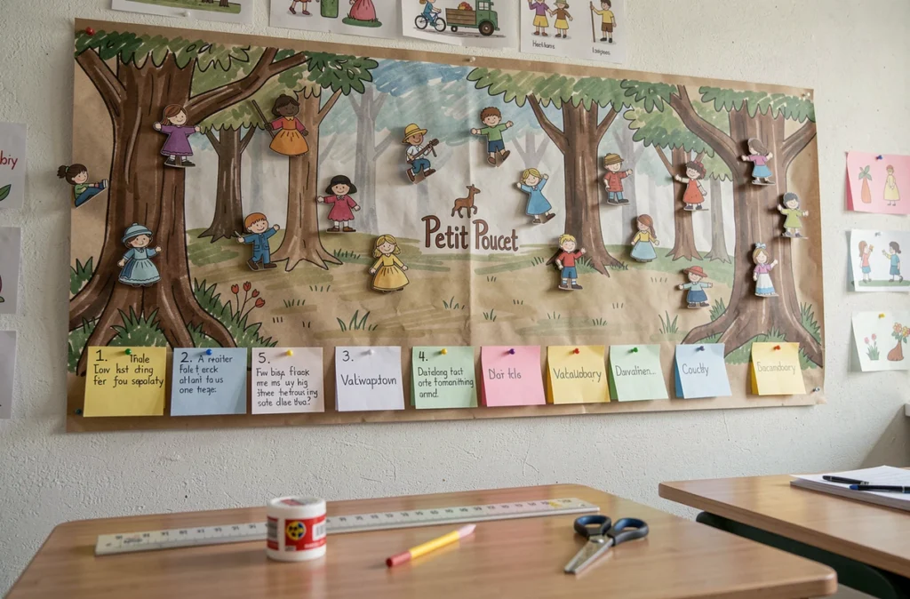 Affichage pédagogique mural réalisé par des élèves de primaire autour du conte du Petit Poucet en classe
