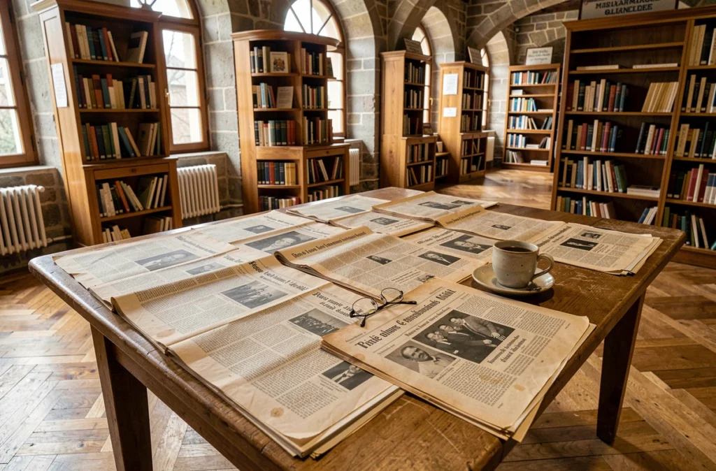 Archives de journaux français anciens étalés sur une table de bibliothèque municipale, évoquant des révélations posthumes et des noms resurgeant dans l'actualité en 2026