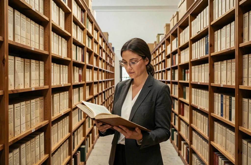 Archiviste française consultant des registres historiques dans une salle d'archives régionale à la recherche de noms rares