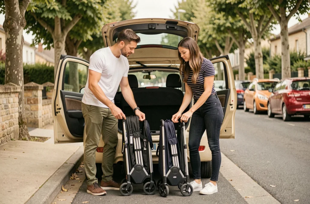 Couple comparant deux poussettes modulables compactes repliées à côté d'une petite voiture en ville