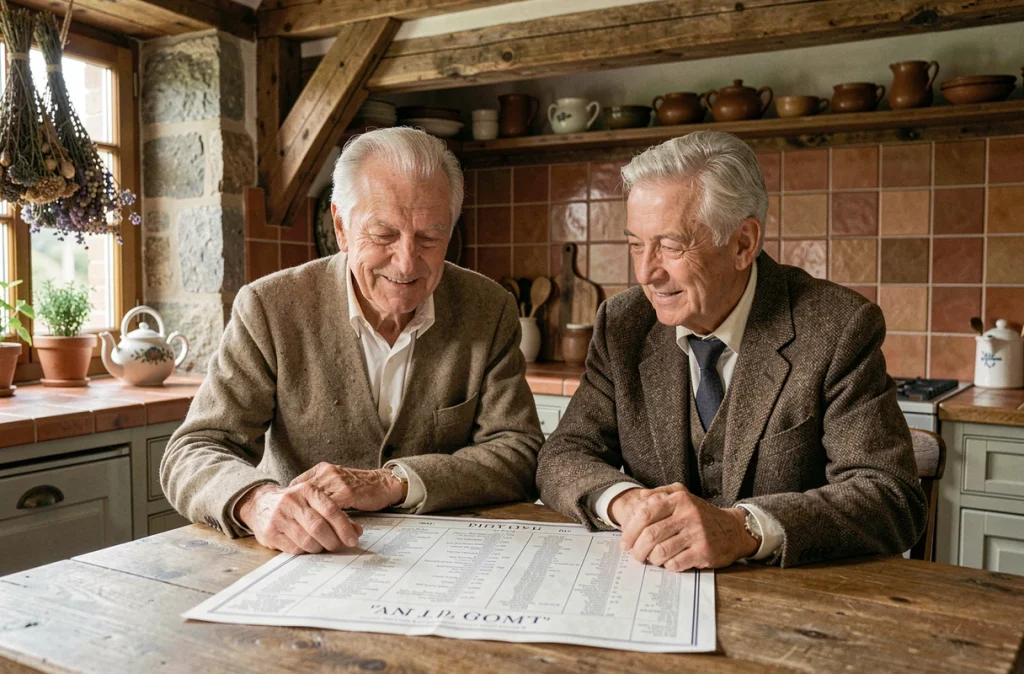 Couple de personnes âgées en Alsace explorant leur arbre généalogique avec le nom de famille Albrad