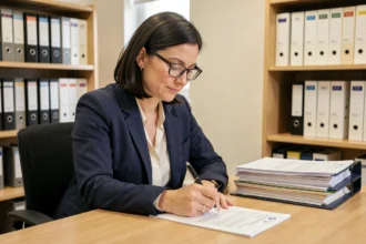 Femme remplissant une demande d'acte de naissance pour un tiers dans un bureau administratif