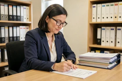 Femme remplissant une demande d'acte de naissance pour un tiers dans un bureau administratif