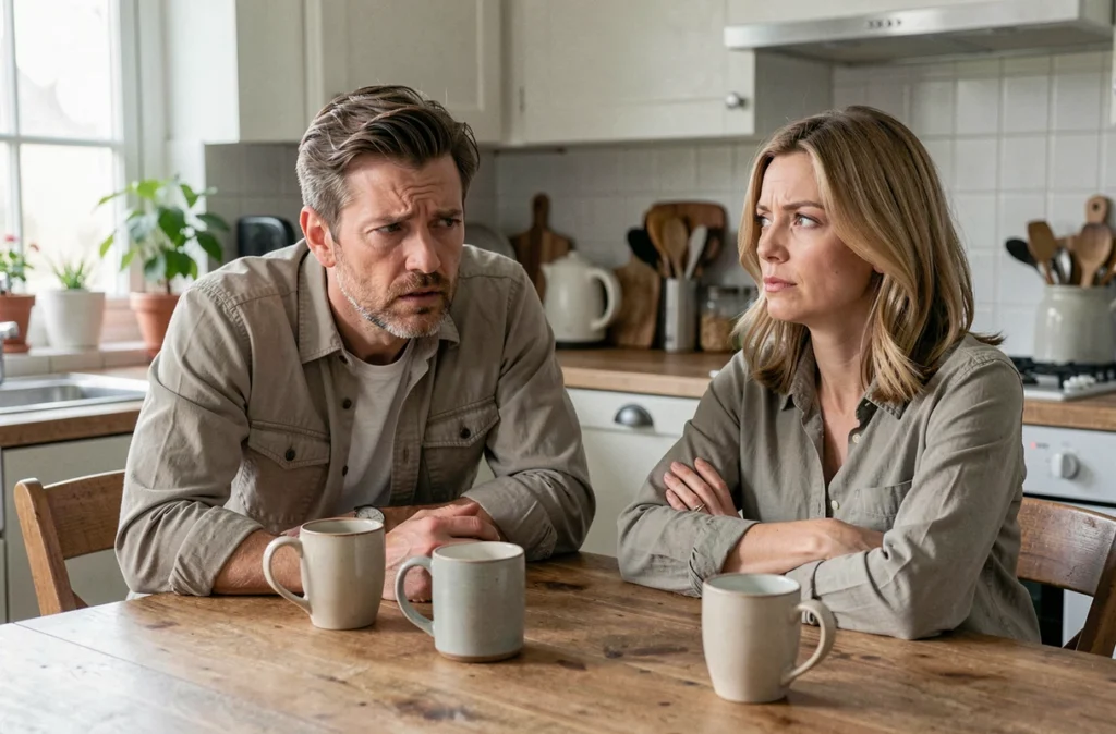 Couple assis à une table de cuisine avec une distance émotionnelle visible, l'homme cherchant le contact et la femme regardant ailleurs, illustrant une difficulté de communication conjugale