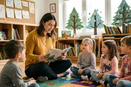 Enseignante lisant Le Petit Poucet à des élèves de primaire assis sur un tapis de classe coloré