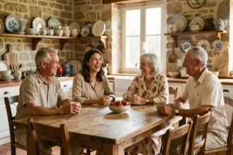 Réunion familiale multigénérationnelle autour d'une table en bois dans une cuisine provençale, évoquant les origines familiales et les liens entre parents et grands-parents