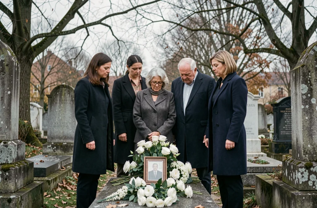 Famille réunie devant une tombe fleurie dans un cimetière pour rendre hommage à une mère disparue