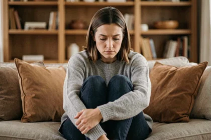 Femme assise seule sur un canapé, repliée sur elle-même, avec une expression pensive illustrant un sentiment de blocage émotionnel dans le couple