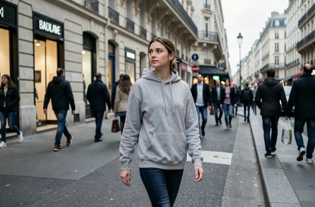 Jeune femme anonyme marchant dans une rue parisienne animée, symbolisant le mystère autour de l'identité de la femme du rappeur Jul