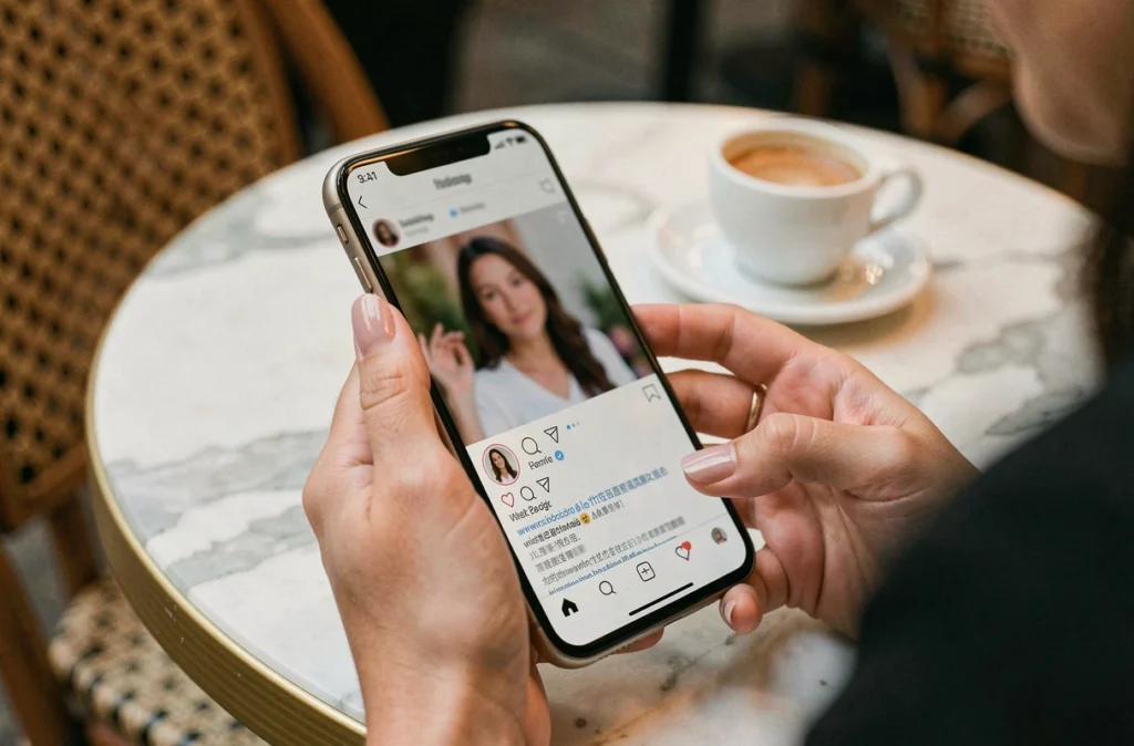 Téléphone affichant un profil anonyme sur les réseaux sociaux, illustrant la recherche d'informations sur la vie privée de la femme de Jul