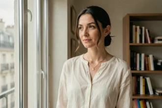 Femme anonyme dans un appartement parisien moderne, évoquant la discrétion et la vie privée d'une personnalité publique
