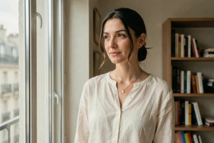 Femme anonyme dans un appartement parisien moderne, évoquant la discrétion et la vie privée d'une personnalité publique