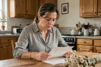 Femme adulte lisant une lettre manuscrite à la mémoire de sa mère décédée, ambiance douce et mélancolique dans une cuisine familiale