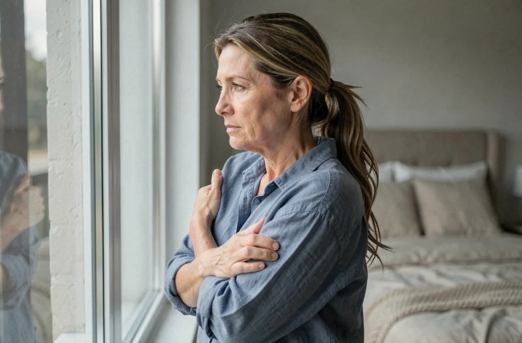 Femme debout près d'une fenêtre dans une chambre, les bras croisés sur elle-même, exprimant une solitude intérieure et un blocage émotionnel au sein du couple