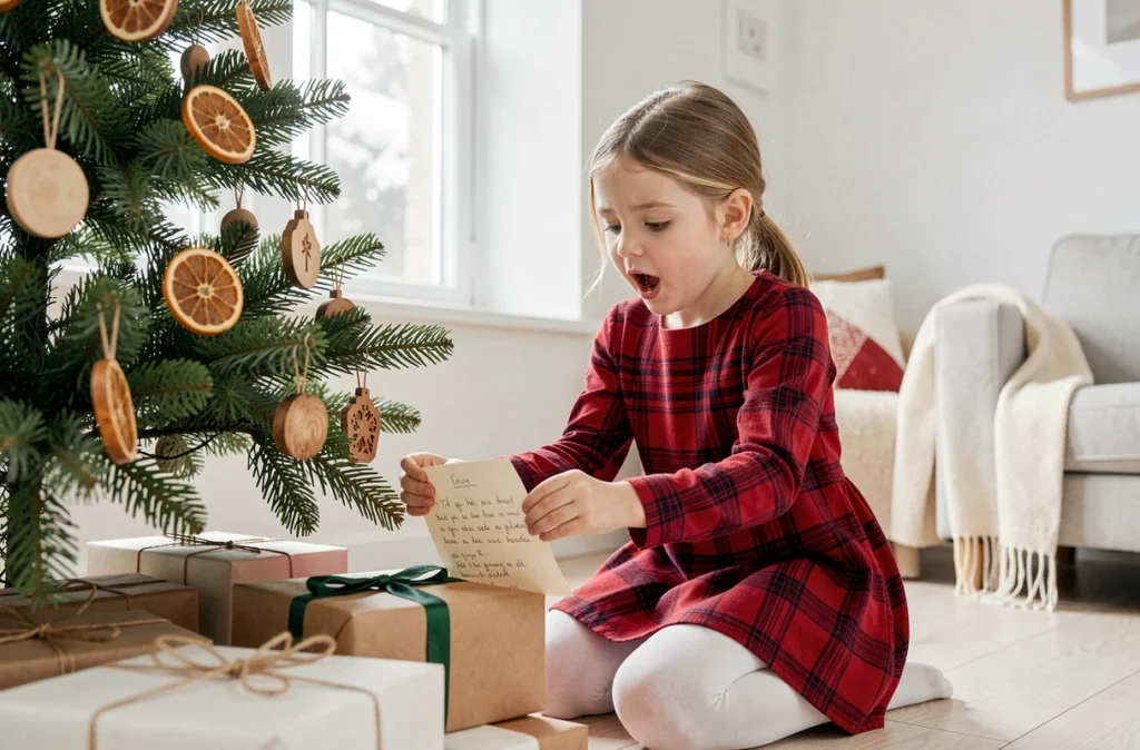 Petite filleule découvrant une lettre manuscrite glissée sous le sapin de Noël avec émerveillement
