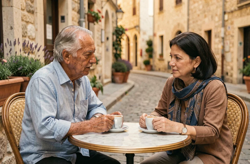 Grand-père aux traits méditerranéens et sa fille partageant un café en terrasse dans un village du sud de la France, illustrant les liens intergénérationnels et les origines familiales