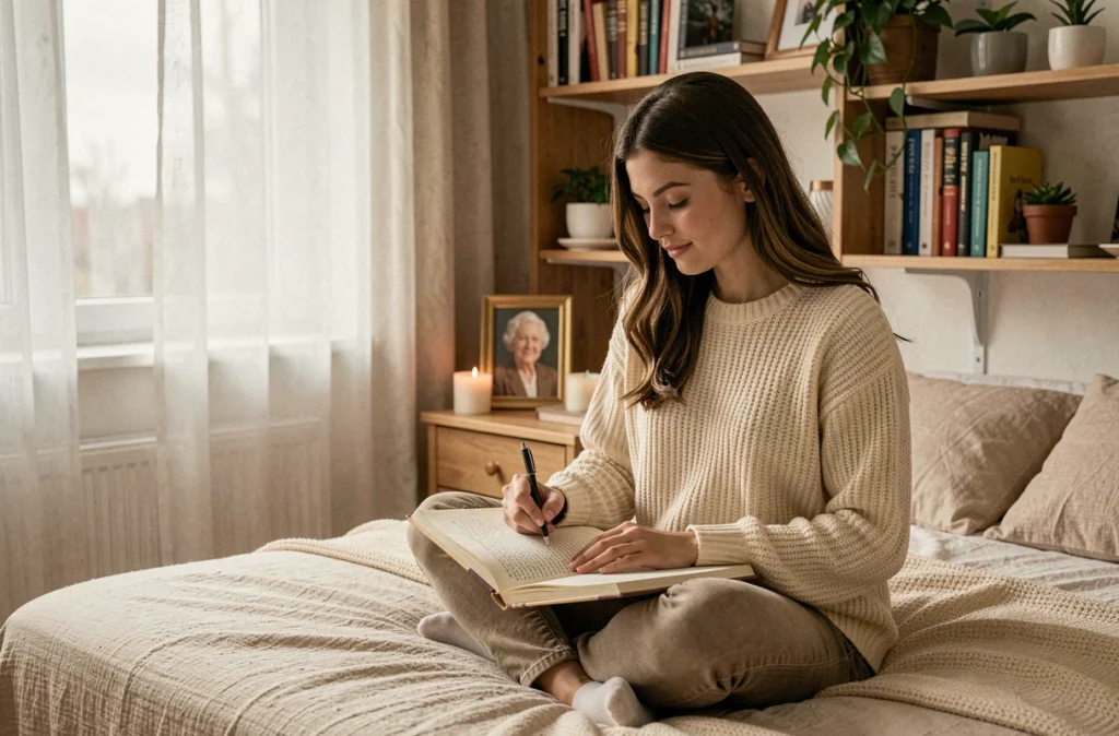 Jeune femme écrivant un poème en hommage à sa mère dans une chambre cosy avec portrait familial sur la table de chevet