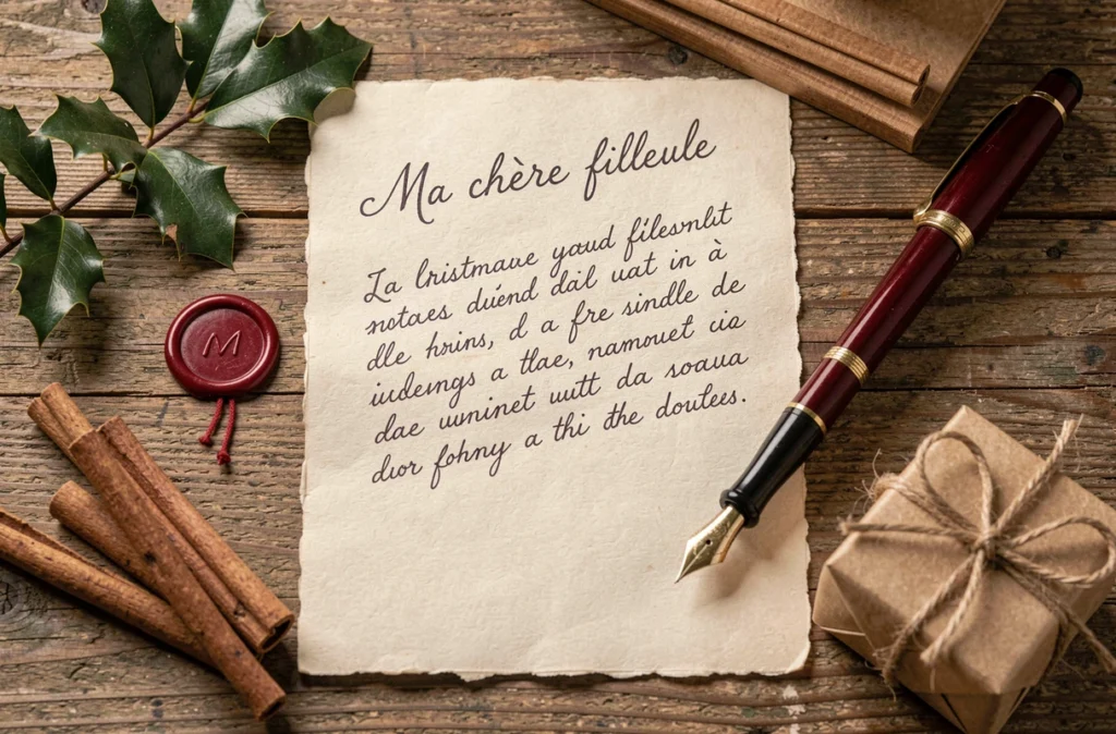 Lettre de Noël manuscrite adressée à une filleule sur papier crème entourée de décorations festives rustiques