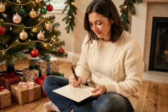 Femme écrivant une lettre de Noël à sa filleule près d'un sapin décoré dans un salon chaleureux