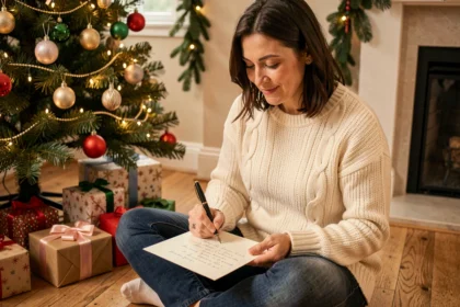 Femme écrivant une lettre de Noël à sa filleule près d'un sapin décoré dans un salon chaleureux