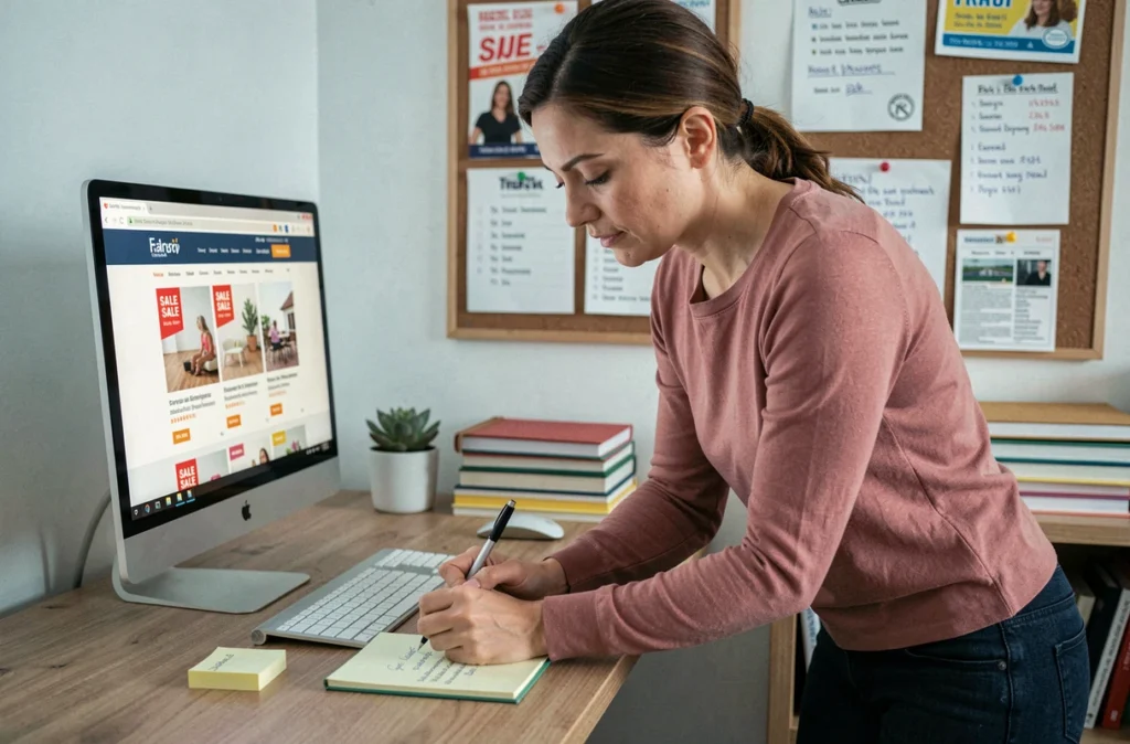 Maman organisée debout devant un ordinateur de bureau, prenant des notes sur des bons plans shopping en ligne dans un bureau à domicile