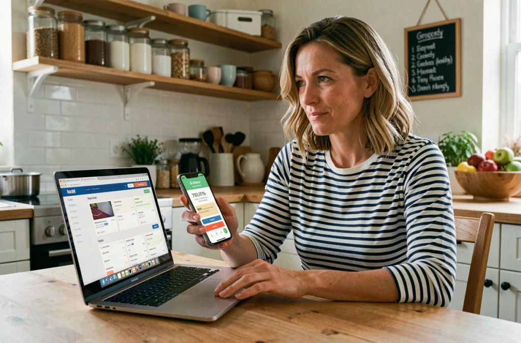 Femme en chemise rayée comparant des offres en ligne sur un ordinateur portable dans une cuisine familiale