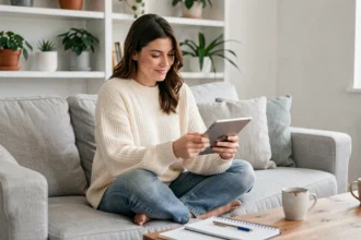 Maman en pull crème assise sur un canapé gris, faisant du shopping en ligne sur une tablette dans un salon cosy