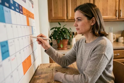 Mère consultant un calendrier semaines paires et impaires pour organiser la garde alternée de ses enfants
