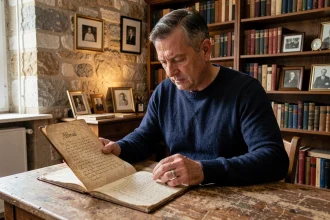 Homme français consultant un registre généalogique ancien portant le nom Albrad dans un appartement parisien