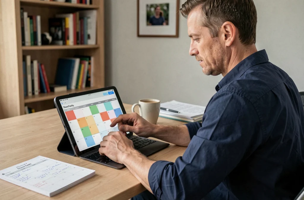 Père organisant le calendrier de garde alternée sur tablette avec semaines paires et impaires identifiées