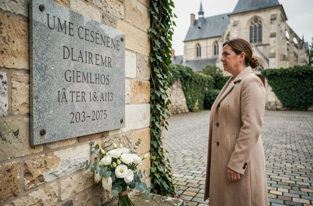 Femme contemplant une plaque commémorative en granit sur un mur de pierre dans une ville provinciale française, en hommage à une personnalité dont le nom revient dans l'actualité posthume
