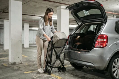 Maman repliant une poussette 4 en 1 compacte dans un coffre de petite voiture dans un parking urbain