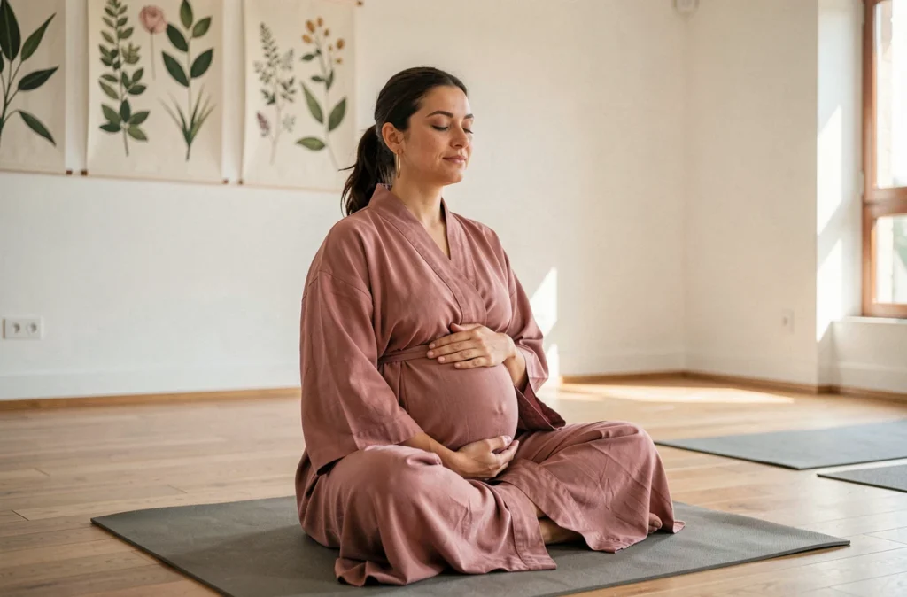 Femme enceinte dans un kimono rose en posture méditative dans un studio de Montpellier, séance maternité par Ananda photographe