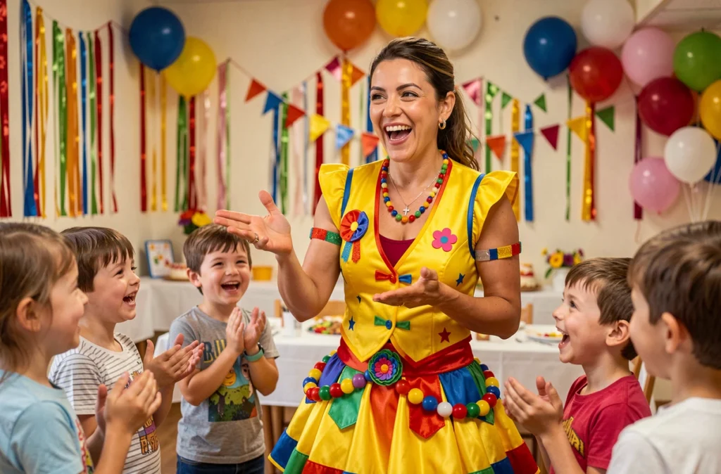 Animatrice pour enfants en costume coloré animant des jeux lors d'un anniversaire à Chartres