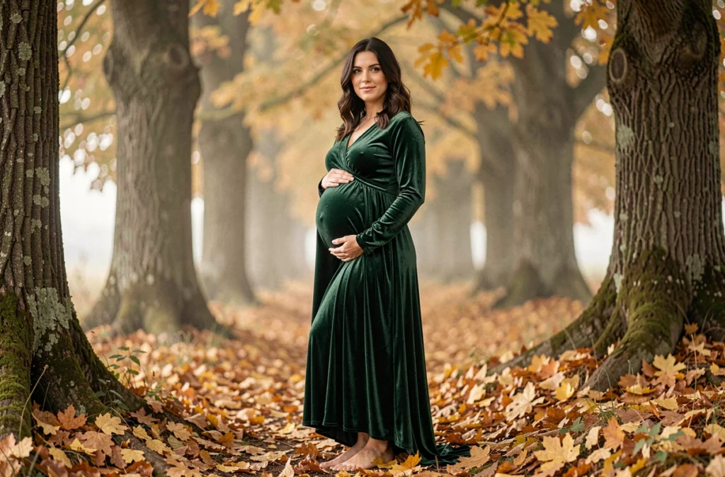 Femme enceinte en robe velours verte dans une forêt de chênes des Cévennes, photographie de grossesse par Cécile Garou