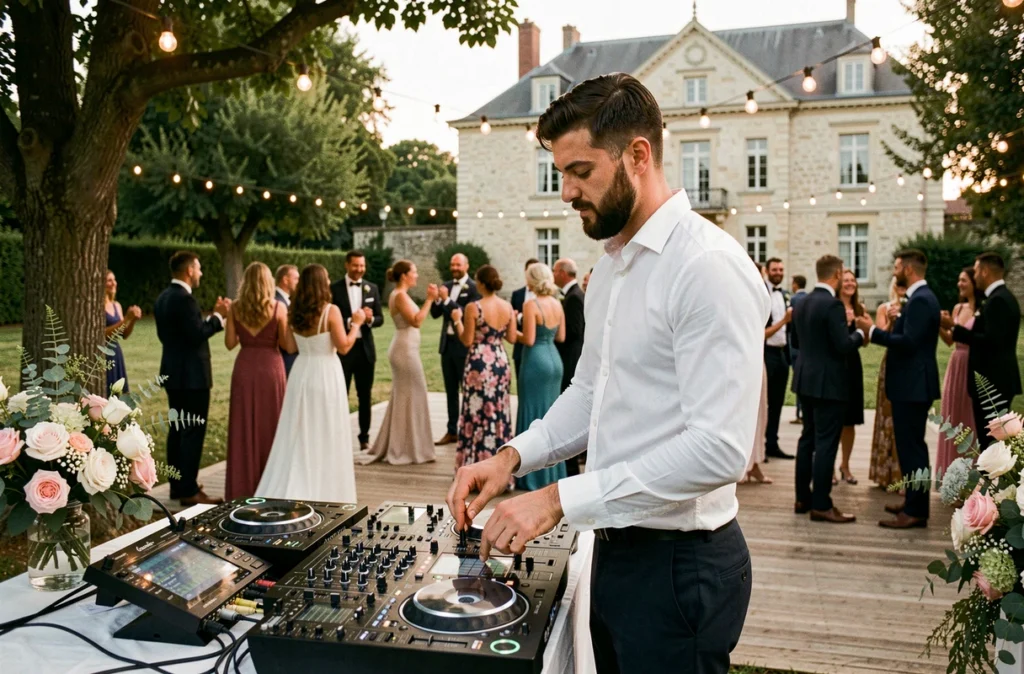 DJ animateur lors d'une réception de mariage élégante en plein air en Centre-Val de Loire