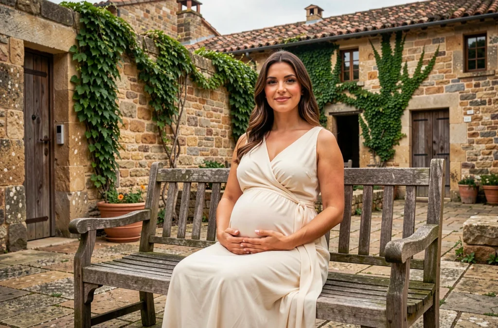 Femme enceinte en robe crème assise dans une cour en pierre, séance grossesse par Elsa Favarcq