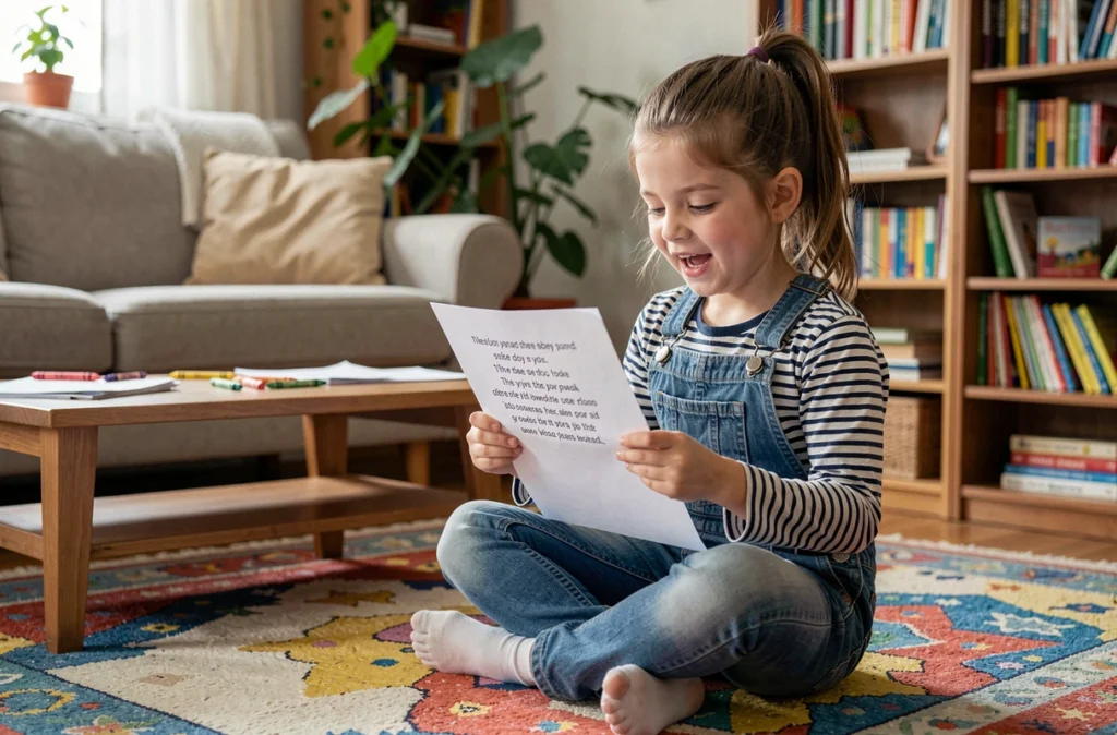 Petite fille concentrée lisant une fiche de devinettes imprimée, assise sur un tapis coloré dans un salon familial