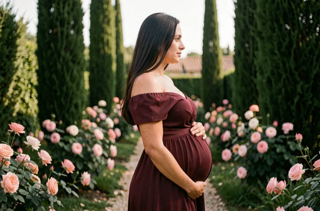 Femme enceinte en robe bordeaux dans un jardin méditerranéen, photographie de grossesse par Eugénie Smirnova